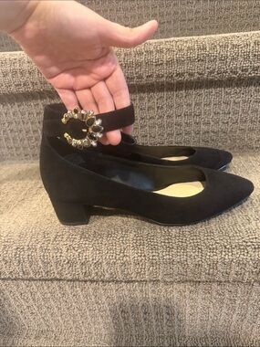 Nine West Black Suede Low Block Heel Pumps with Gold Crystal Embellishment